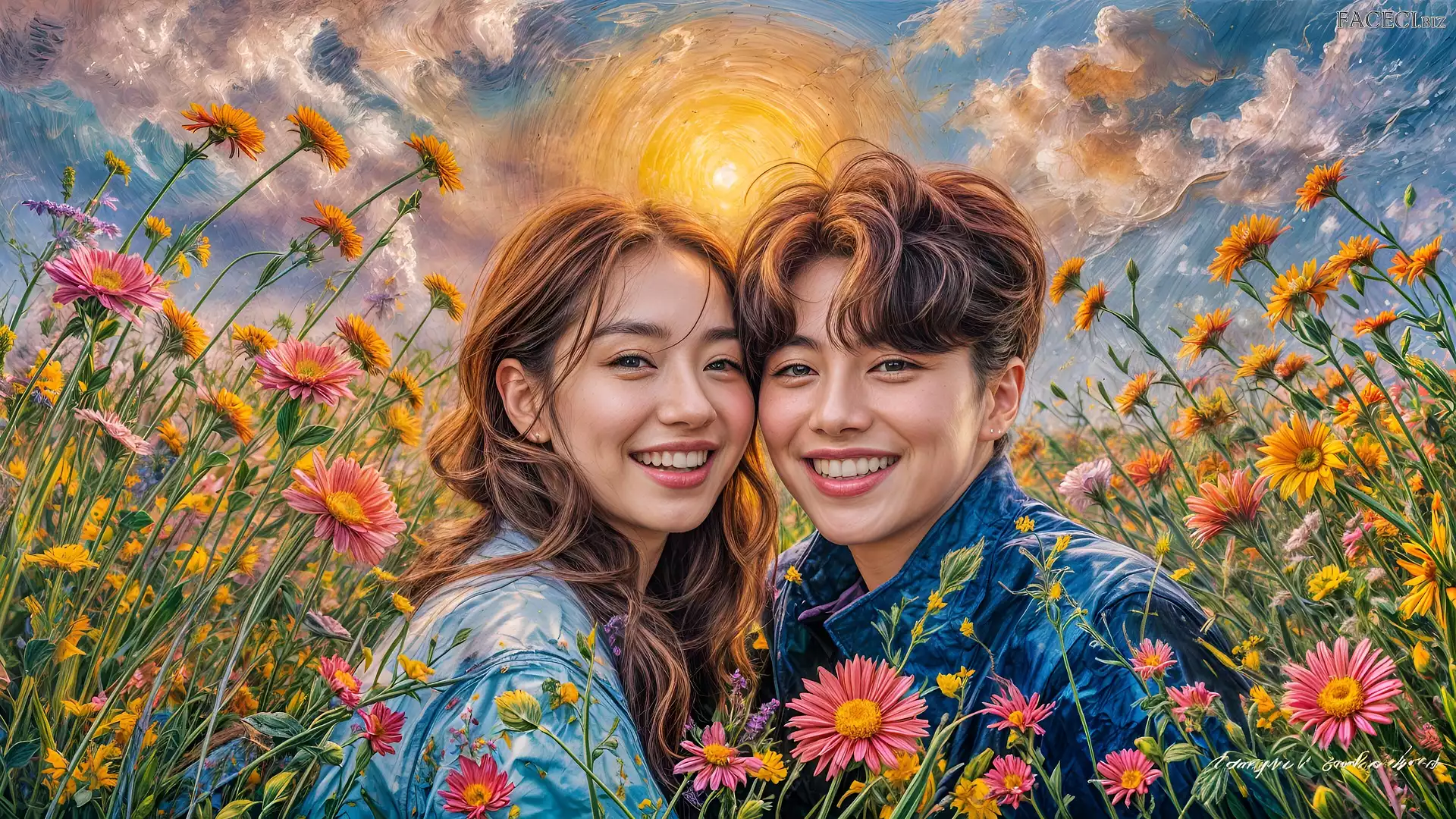 Malarstwo, Łąka, Chłopak, Dziewczyna, Kwiaty, Słońce