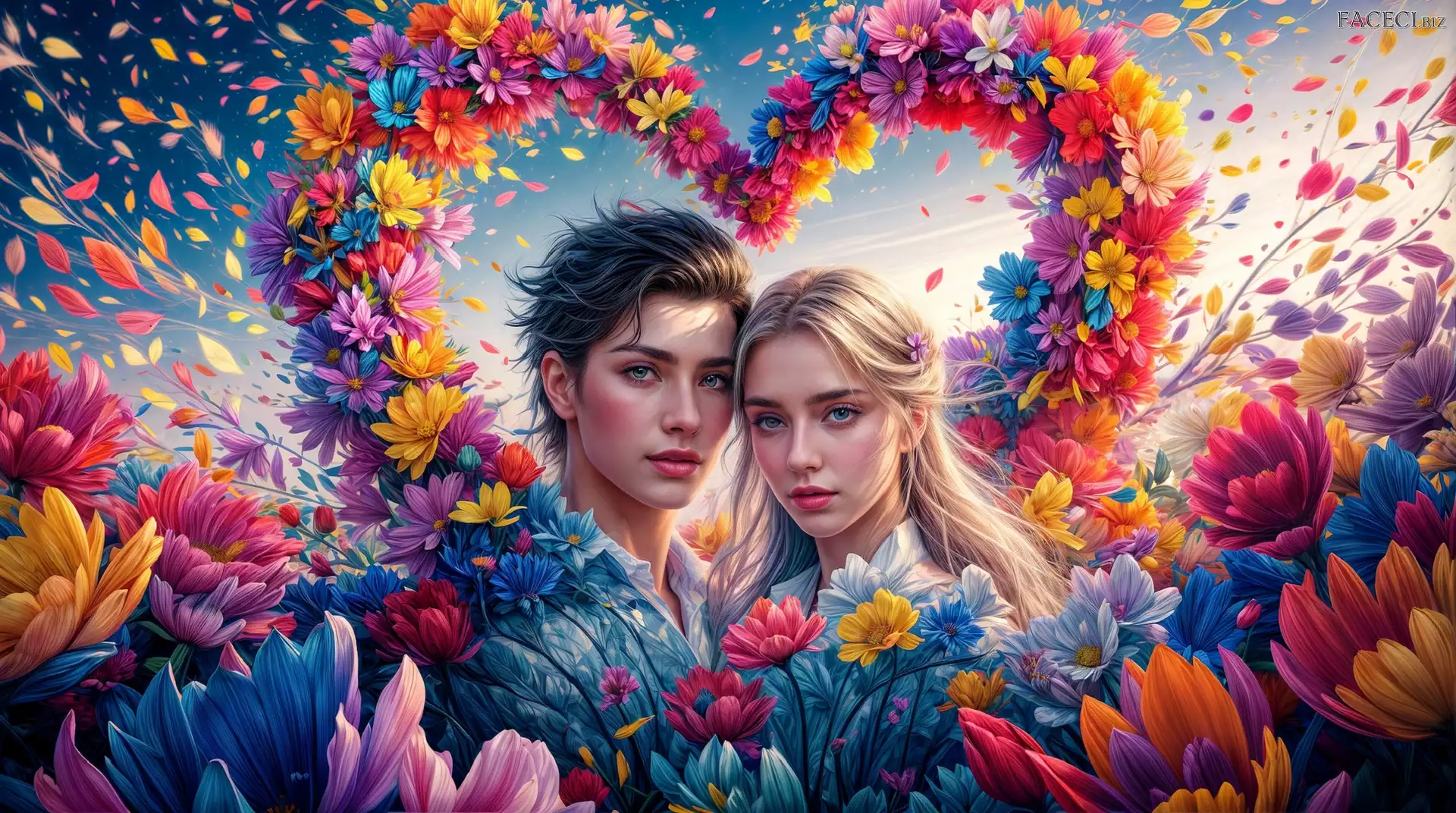 Grafika, Para, Kobieta, Mężczyzna, Serce, Kwiaty